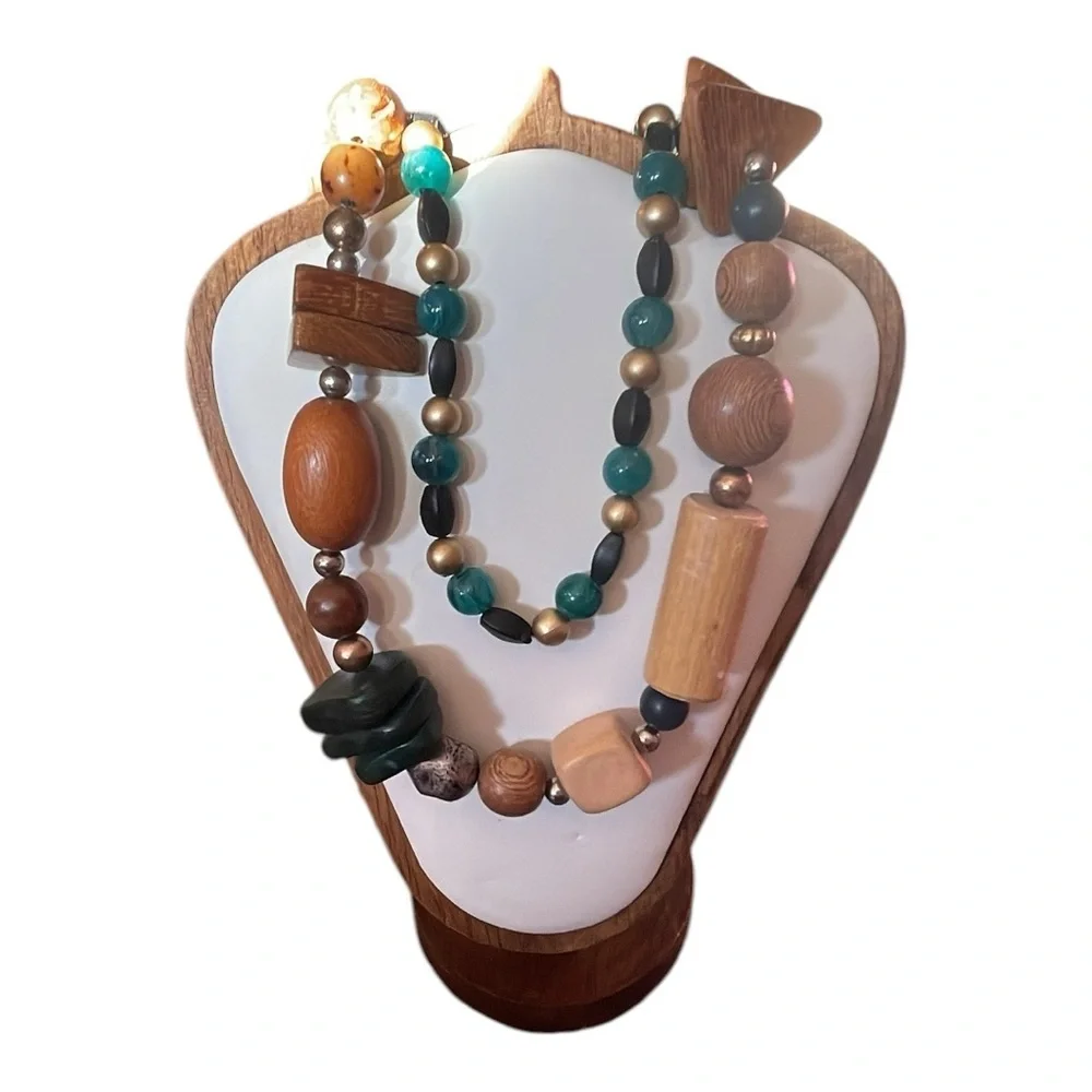 Brown and Green Beaded Necklace with Natural Stone Accents 2 necklaces - Picture 3 of 7